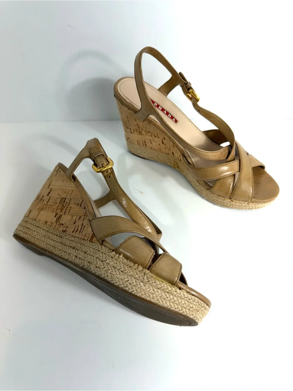 Prada Leather Cork Espadrille Wedge Sandals EU 39 US 9 Tan Slingback Italy